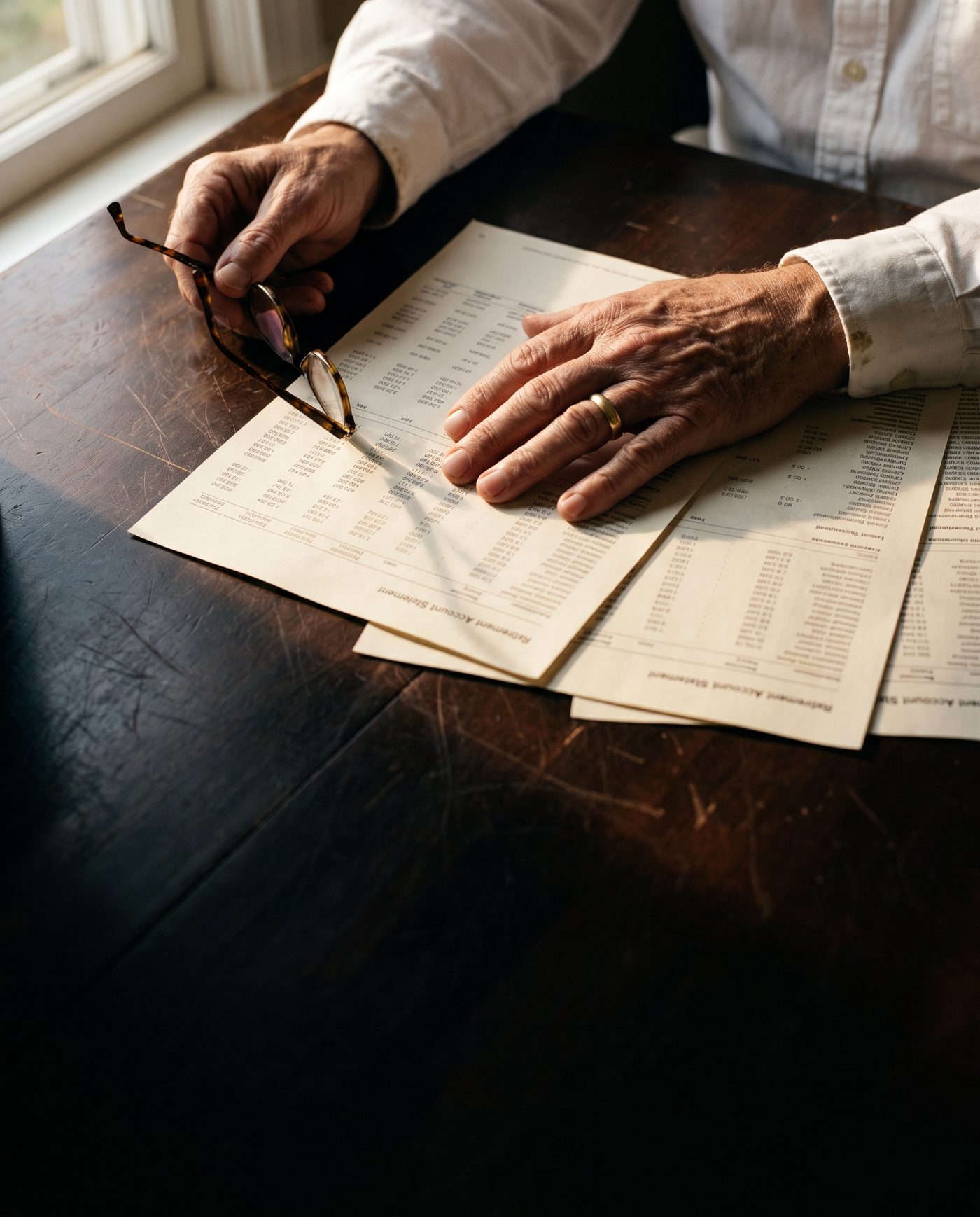 A pair of hands laying out retirement account statements on a table